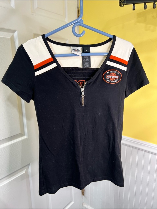 Harley-Davidson Tops - Harley-Davidson Black Short-Sleeve Zip V-Neck Tee with White & Orange Accents